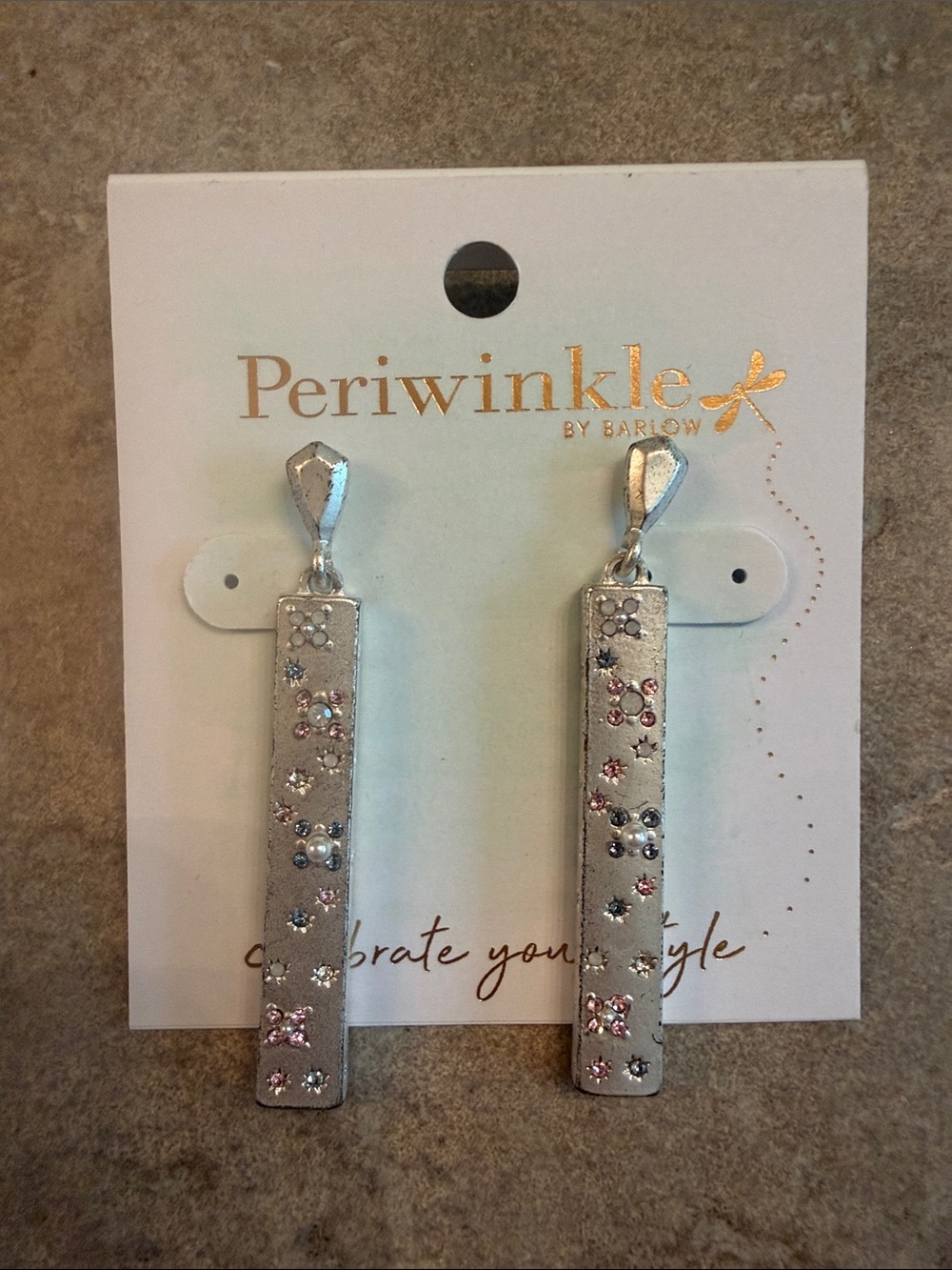 Periwinkle by Barlow Silver Bar Drop Earrings with Pink Accents